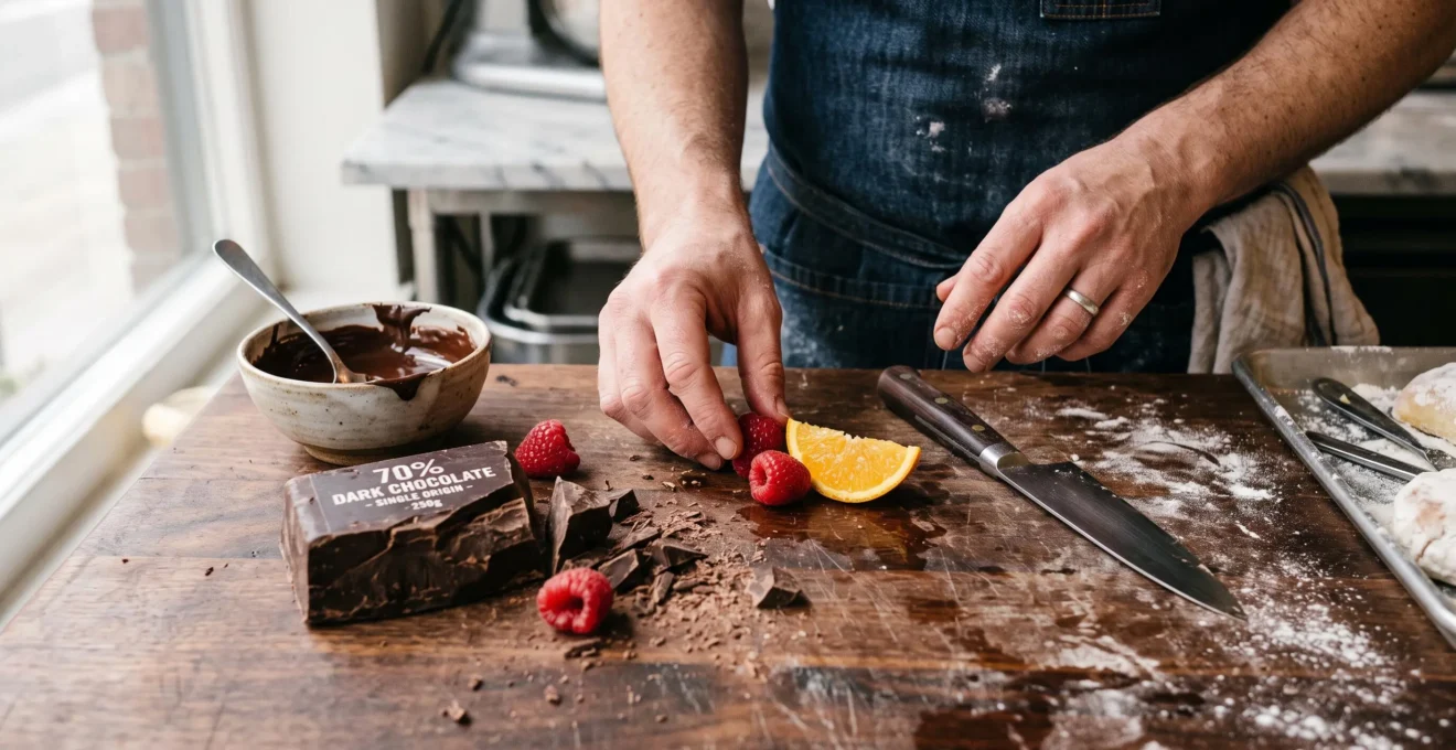 Des framboises, un quartier d'orange et un morceau de chocolat noir 70 % disposés sur un plan de travail de pâtisserie.