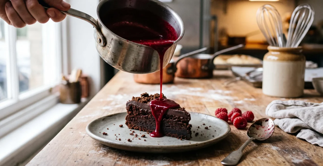 Un coulis de framboise rouge vif est versé en filet depuis une casserole inox sur une part de gâteau au chocolat noir posée sur une planche de cuisine en bois.