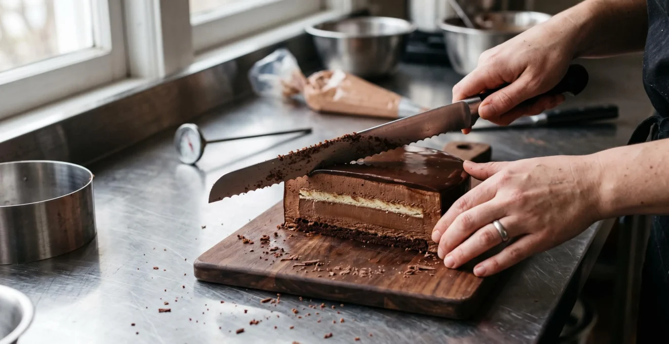 Un pâtissier tranche un entremets au chocolat et révèle ses cinq couches distinctes sur un plan de travail.