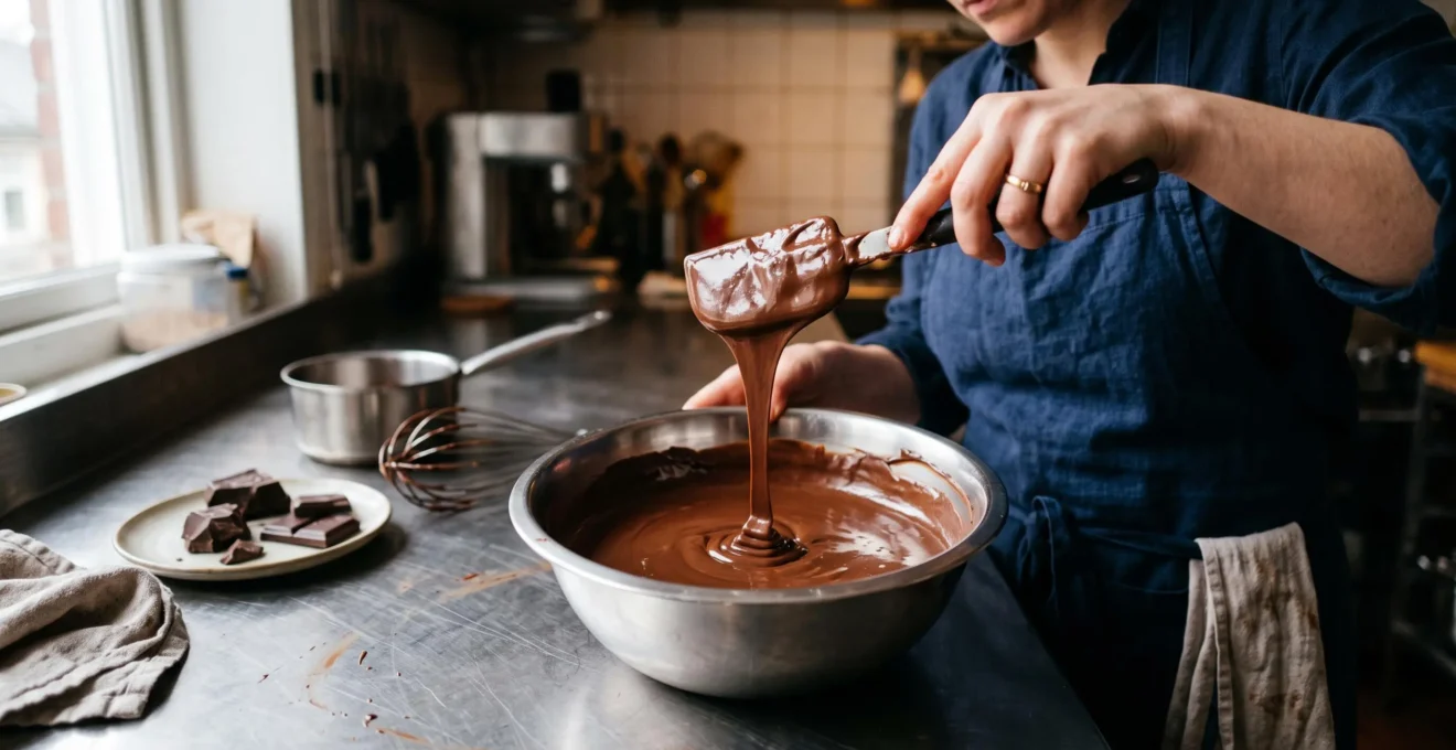 Une crème au chocolat lisse et brillante retombe lentement d'une maryse dans un bol, dans une cuisine pâtisserie professionnelle.
