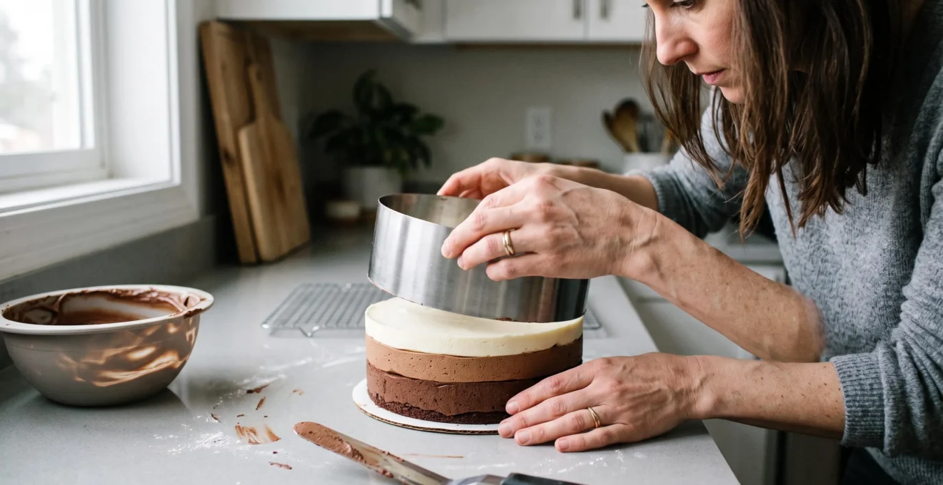 Des mains retirent un cercle à pâtisserie autour d'un gâteau trois chocolats dont les trois couches nettes sont visibles sur un plan de travail de cuisine.