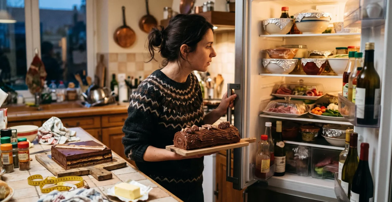 Une femme ouvre un réfrigérateur domestique rempli tout en tenant une bûche chocolatée, cherchant de la place pour le dessert de fête.
