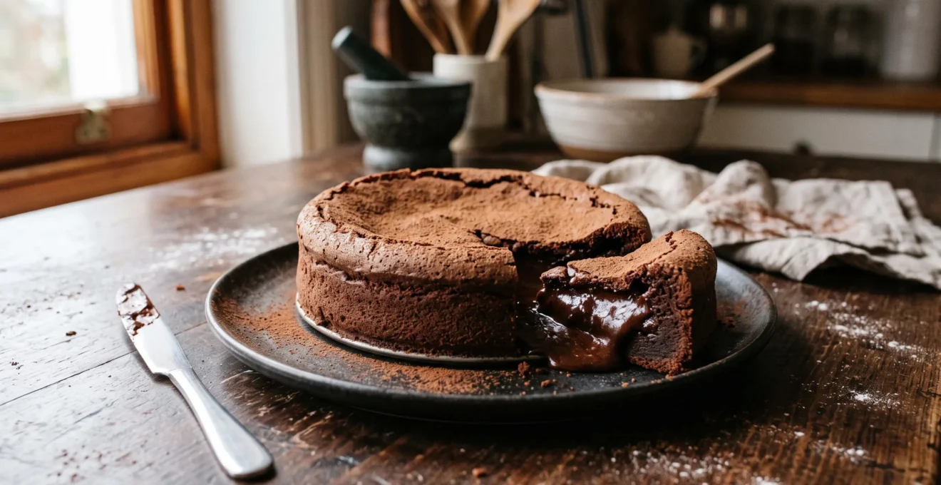Un gâteau fondant au chocolat coupé en part sur une assiette, avec un cœur encore coulant et une croûte fine qui tient.