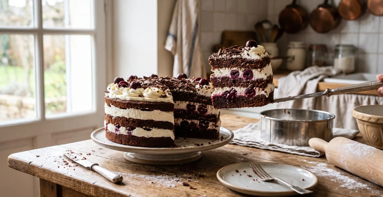 Forêt noire maison coupée en tranche montrant des couches nettes de génoise au chocolat, de crème montée et de cerises sur une table de cuisine en bois