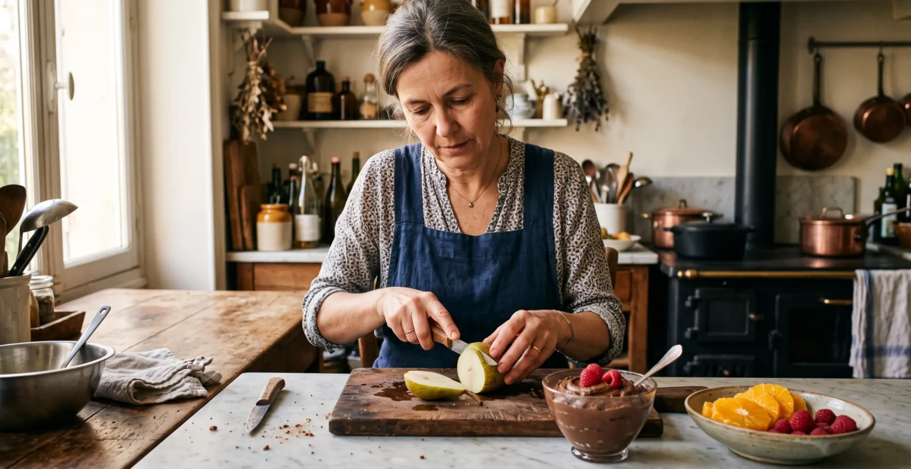 Une personne coupe une poire mûre à côté d'une mousse au chocolat, d'un bol de suprêmes d'orange et de framboises sur un plan de travail en bois.