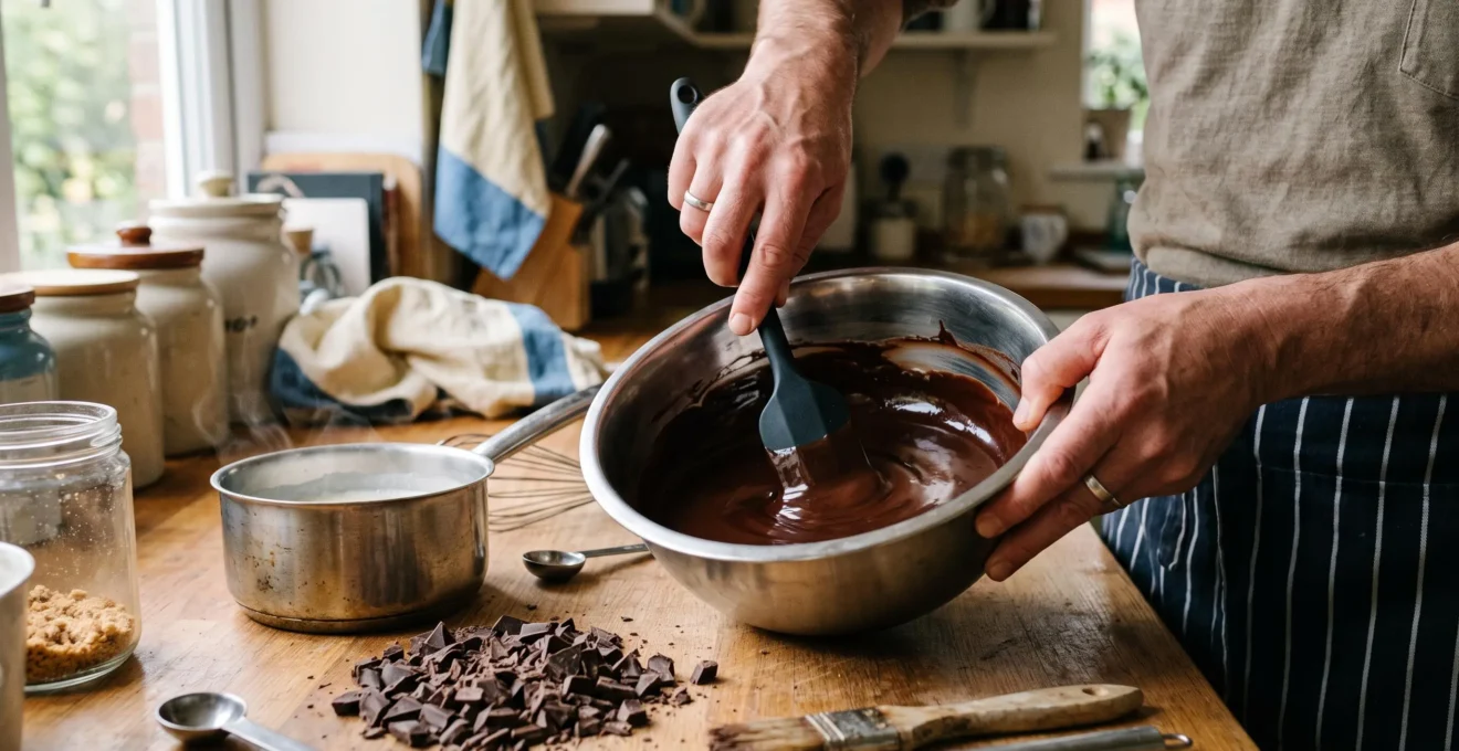 Une personne émulsionne une ganache au chocolat brillante dans un saladier en inox, à la spatule, dans une cuisine.