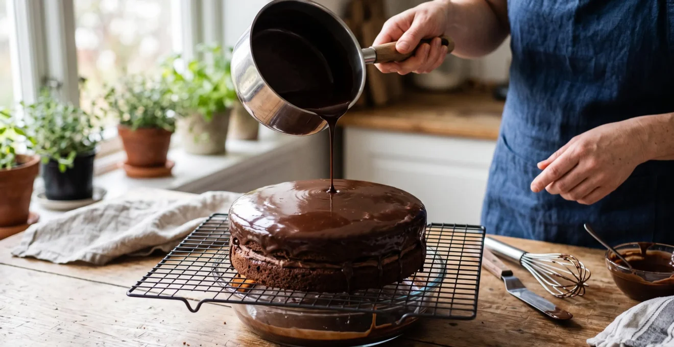 Une ganache au chocolat brillante est versée en filet régulier sur un gâteau au chocolat posé sur une grille, sans bulles à la surface.