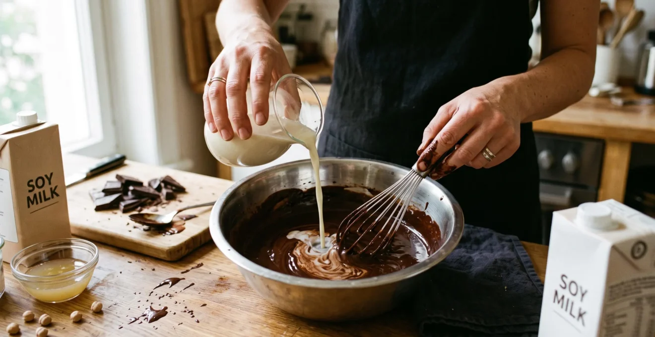 Un pâtissier émulsionne une ganache au chocolat noir avec une boisson végétale au soja dans un bol en inox dans une cuisine.