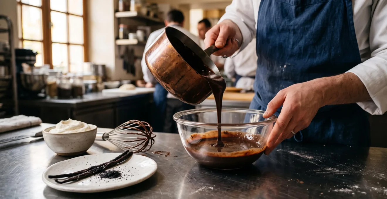 Un pâtissier verse une ganache chocolat dans un bol, une gousse de vanille de Tahiti grattée et ses grains posés à côté sur le plan de travail.