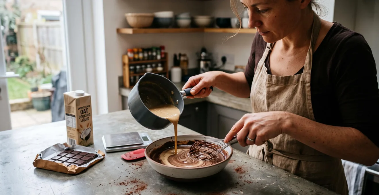 Une personne verse une préparation végétale chaude dans du chocolat fondu et fouette pour émulsionner une ganache sans lactose dans une cuisine.