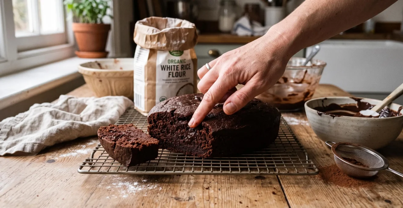 Un gâteau au chocolat à la farine de riz coupé sur une grille, avec une tranche montrant une mie moelleuse, dans une cuisine domestique.