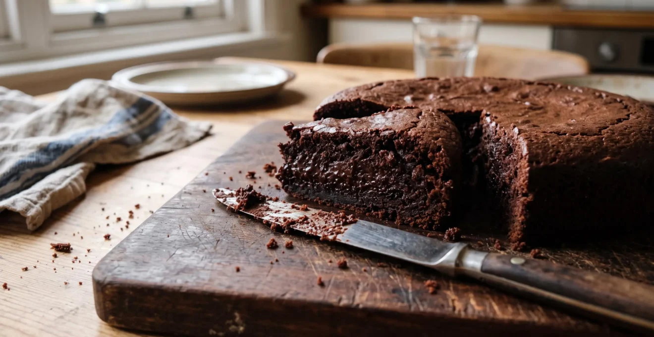 Tranche de gâteau au chocolat fondant coupée sur une planche en bois, montrant un centre dense et homogène sans partie crue.