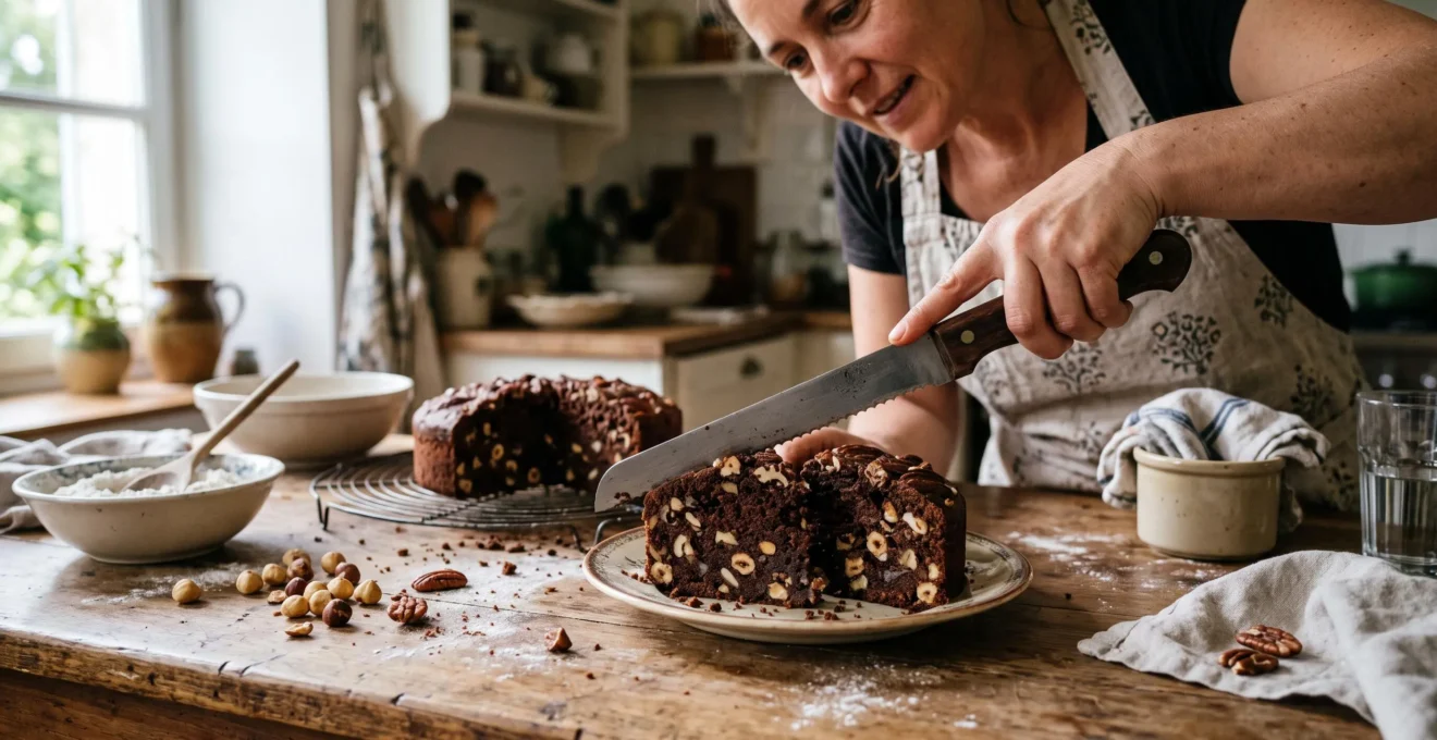 Un pâtissier amateur coupe une tranche de gâteau au chocolat contenant des noisettes et des noix de pécan torréfiées sur une table de cuisine en bois.