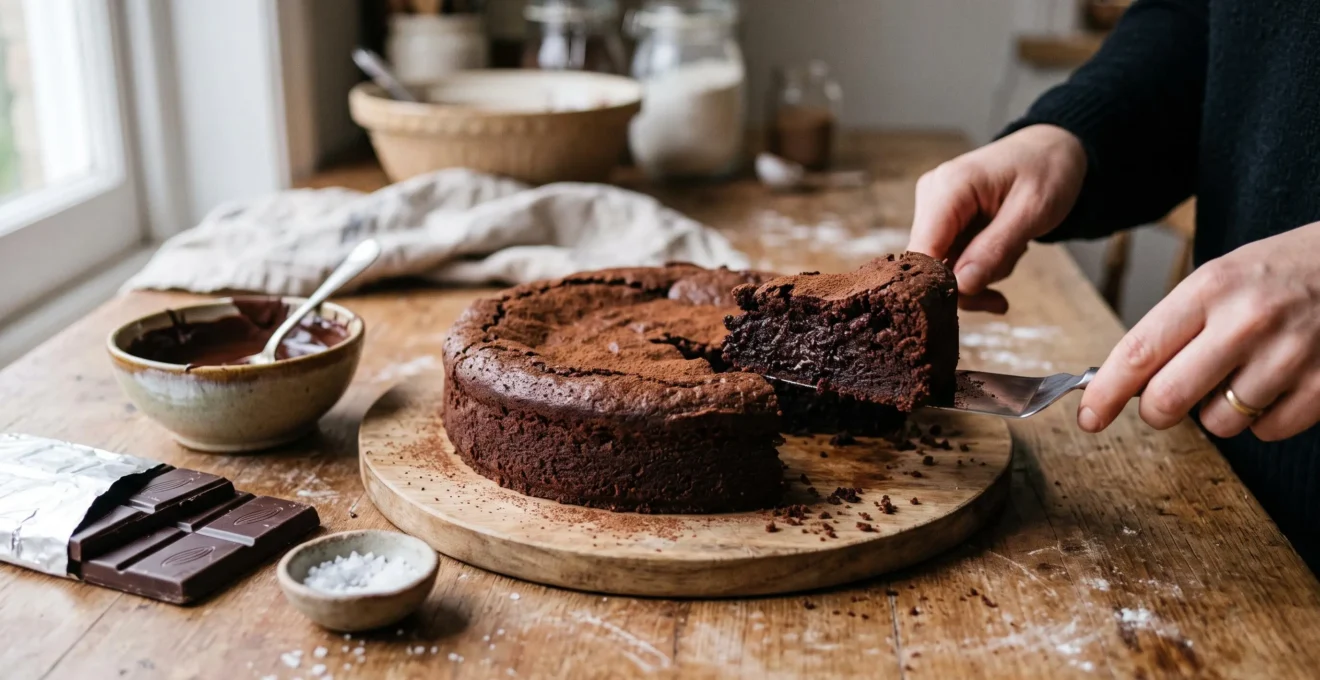Un gâteau au chocolat maison coupé sur un plan de travail en bois, avec une tranche révélant une mie moelleuse, à côté d'un bol de chocolat fondu et d'une pincée de sel.