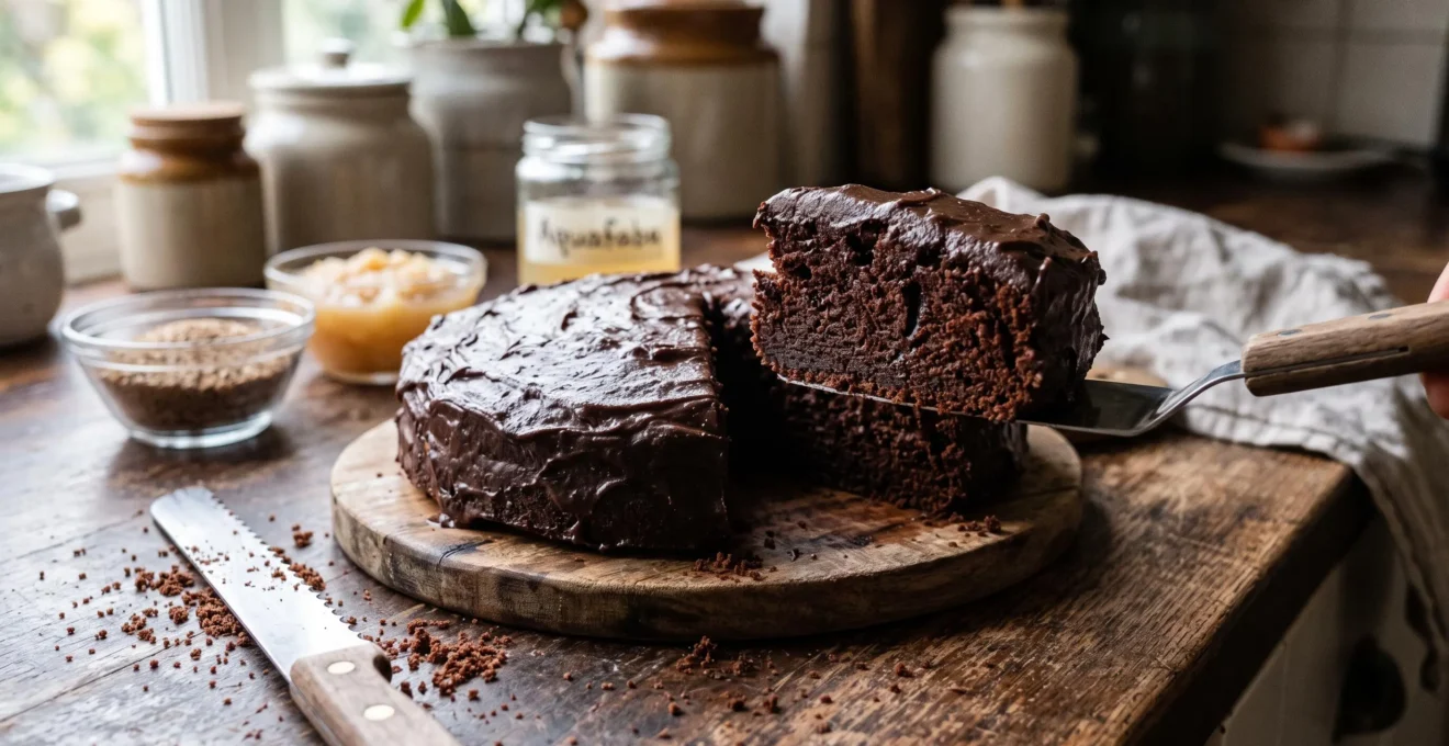 Un gâteau au chocolat coupé révèle une mie moelleuse et cohésive, avec des bols d'ingrédients végétaux posés derrière sur le plan de travail.