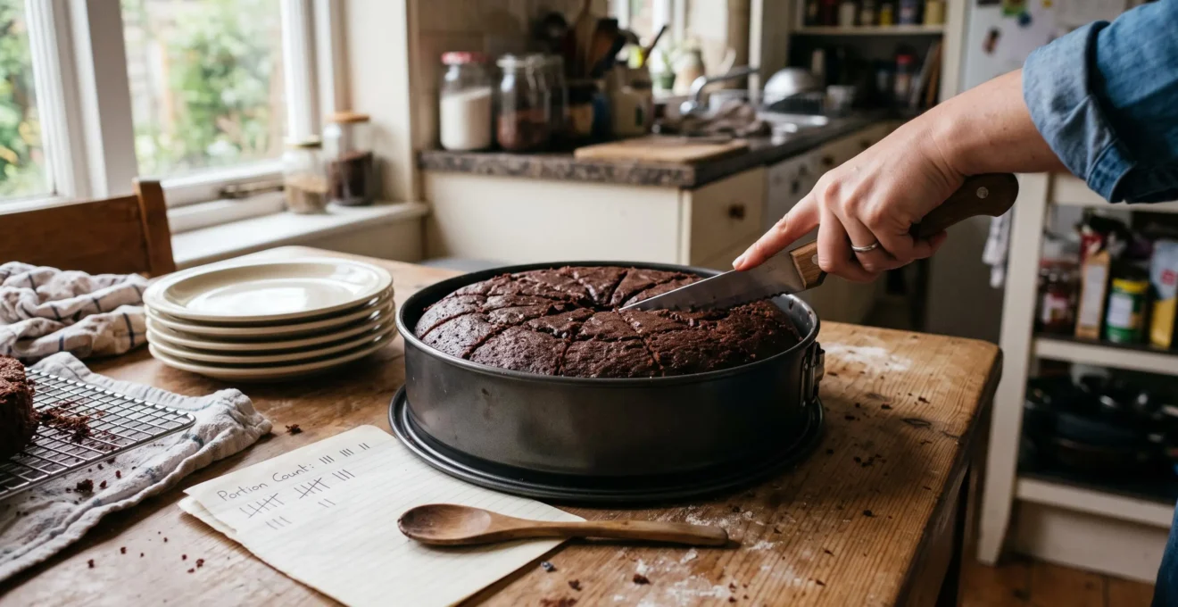 Un grand gâteau au chocolat maison coupé en de nombreuses parts régulières sur une table de cuisine, une main tenant un couteau à lame longue.