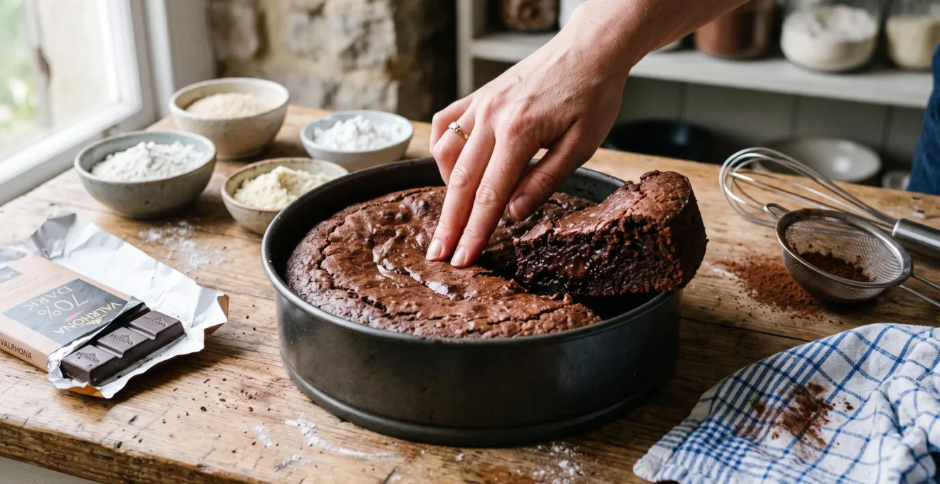 Un gâteau au chocolat sans gluten coupé dans un moule sur un plan de travail en bois, avec des farines sans gluten disposées autour.