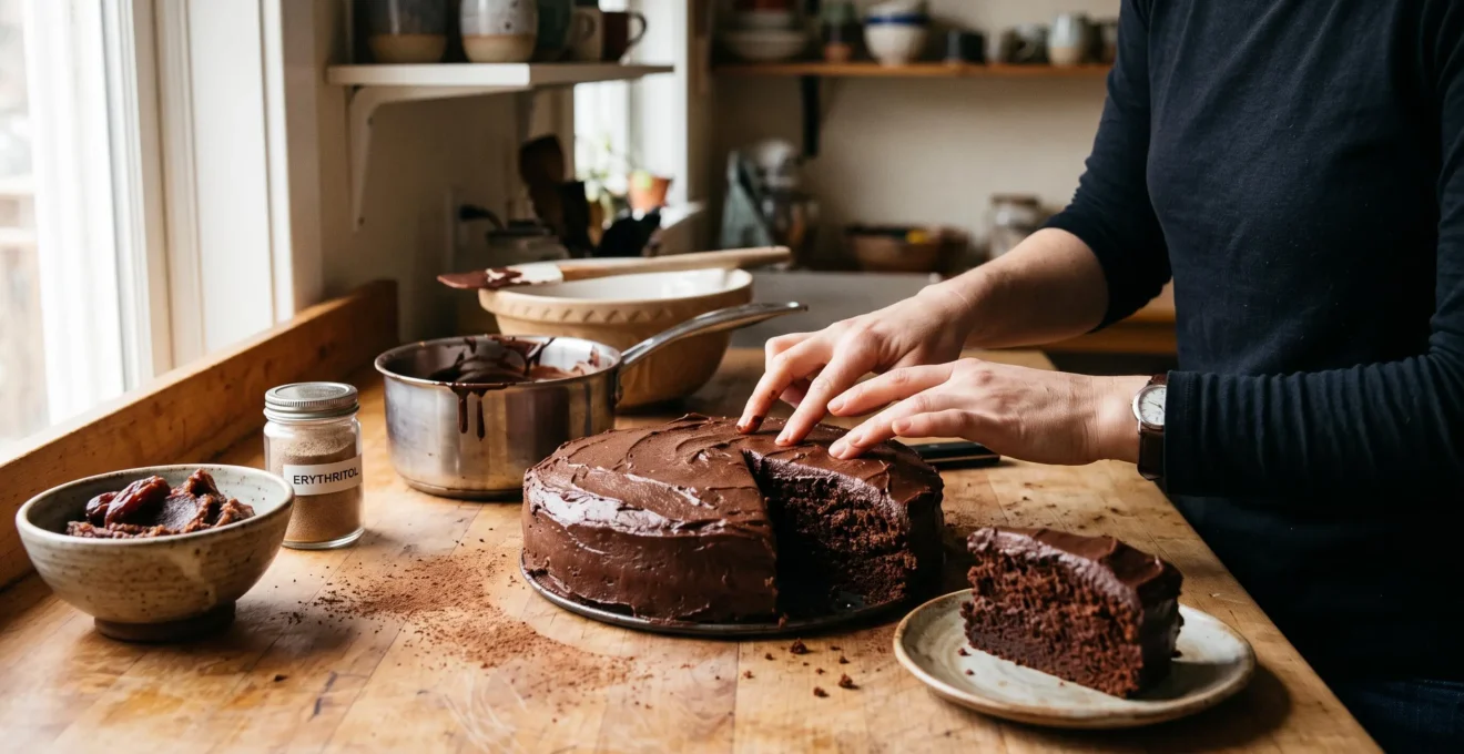 Un gâteau au chocolat frais coupé sur un plan de travail en bois, avec une main qui presse la mie pour vérifier son moelleux, entouré de compote de dattes et de chocolat fondu.