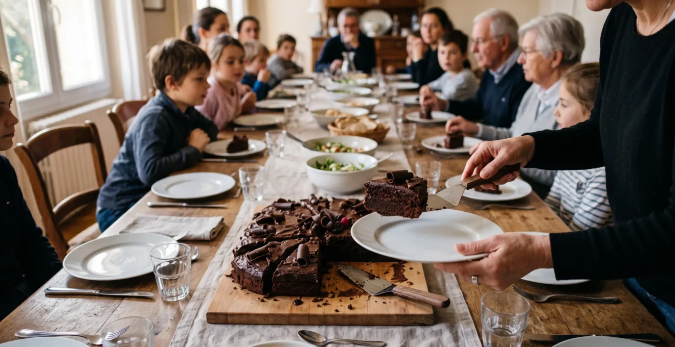Un grand gâteau au chocolat coupé en parts au centre d'une table familiale dressée pour une quinzaine de convives, pendant que quelqu'un sert une tranche.