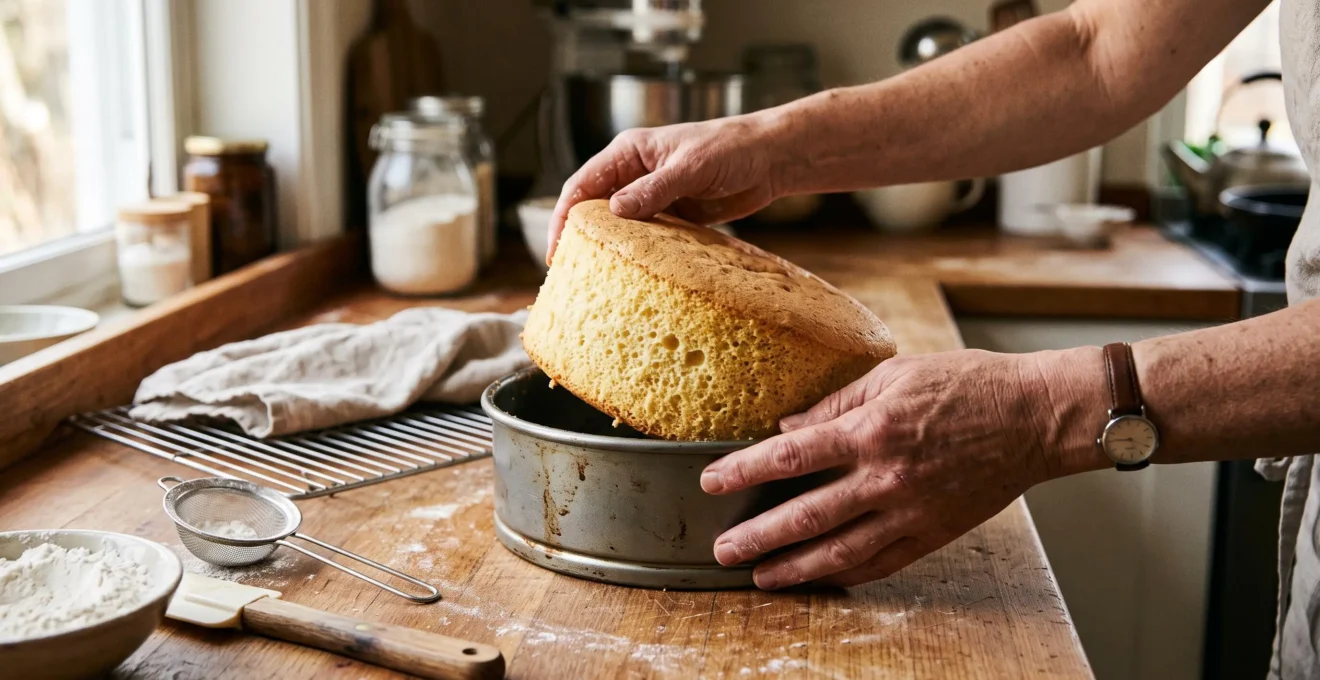 Une génoise dorée et bien montée sortie de son moule, posée sur un plan de travail en bois dans une cuisine lumineuse.