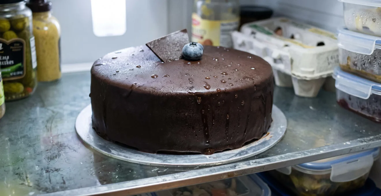 Entremets au chocolat glacé miroir dans un réfrigérateur, surface ternie par des gouttelettes de condensation et des traces mates.
