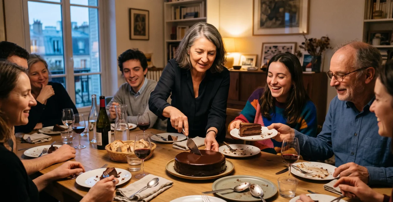 Un hôte coupe un dessert au chocolat au milieu d'une table de dîner où les invités se servent des portions de tailles différentes.