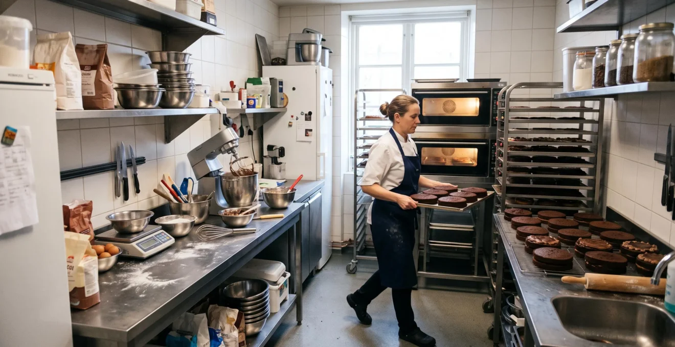 Un pâtissier transporte une plaque de gâteaux cuits vers la zone de refroidissement dans un laboratoire de pâtisserie organisé en zones successives.