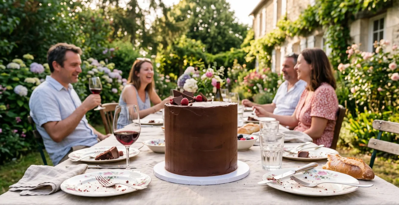 Un layer cake au chocolat à trois étages, droit et intact, posé sur une table de fête dressée en extérieur.