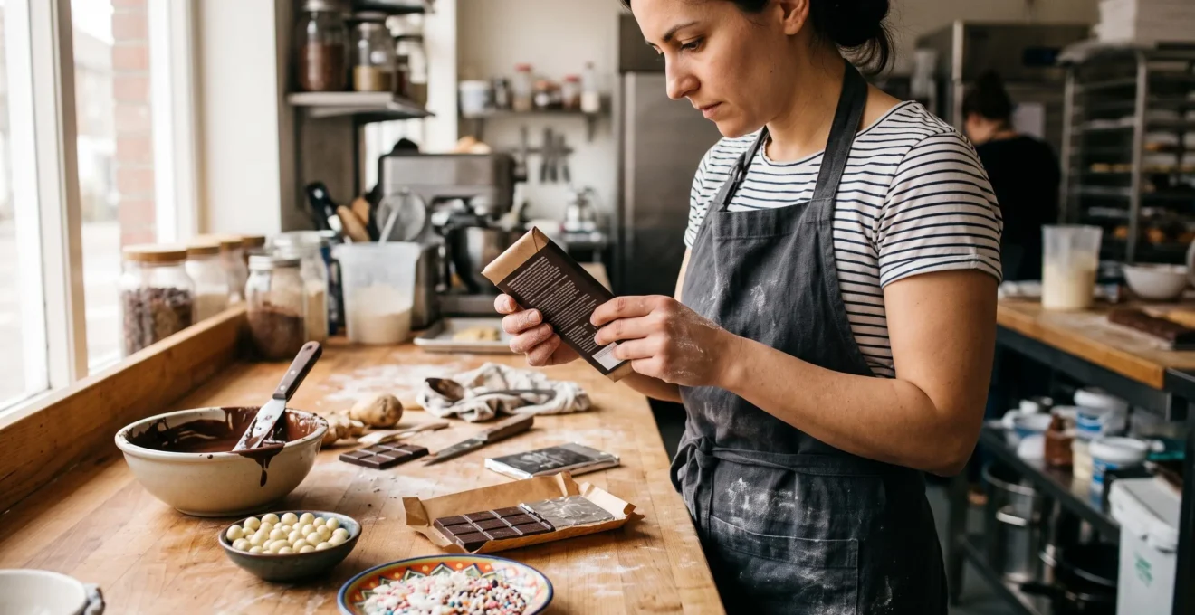 Une personne en tablier lit la liste des ingrédients au dos d'une tablette de chocolat posée sur un plan de travail de pâtisserie entouré de décorations.
