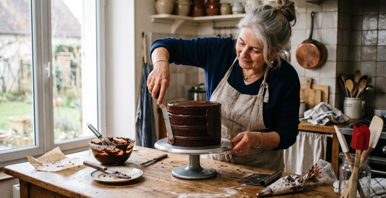 Une pâtissière amatrice lisse la ganache chocolat d'un layer cake d'anniversaire sur une table de cuisine en bois.
