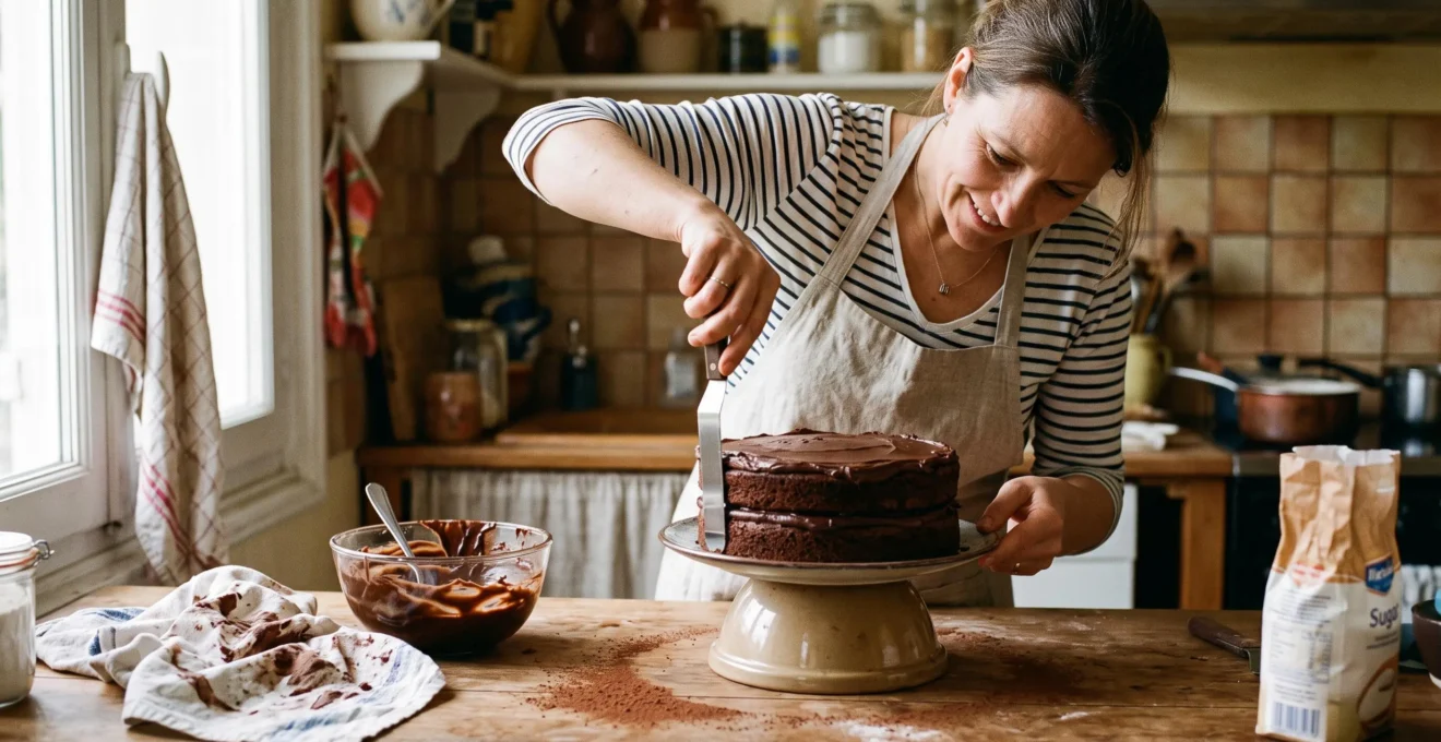 Une personne lisse les bords d'un gâteau au chocolat avec une spatule verticale en tournant un plateau improvisé sur un plan de travail de cuisine.