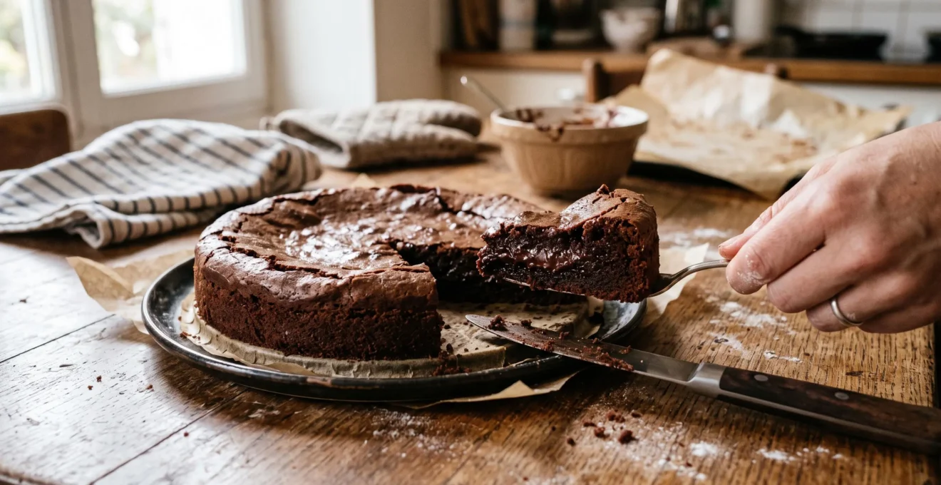 Un moelleux au chocolat fraîchement coupé sur une table de cuisine, montrant une mie tendre et brillante à la lumière naturelle.