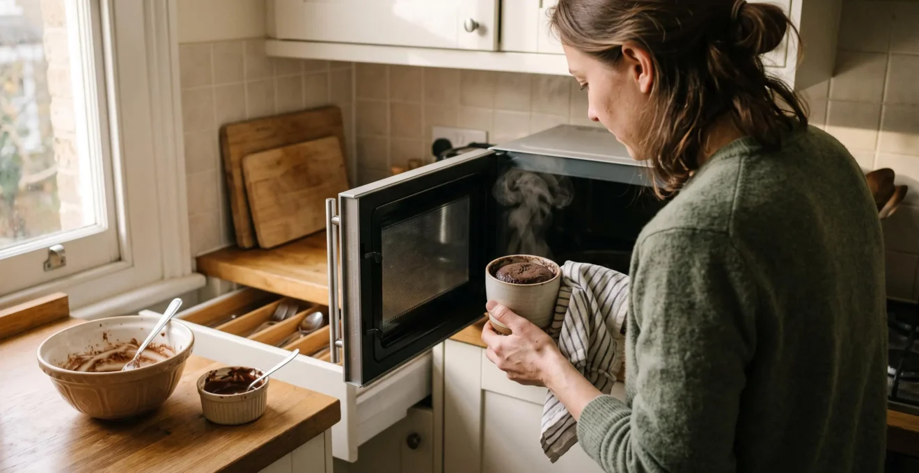 Une personne sort un mug cake au chocolat fumant du four à micro-ondes dans une cuisine, avec un minimum d'ustensiles posés sur le plan de travail.
