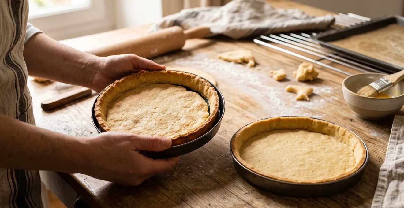 Une pâte sablée cuite dont les bords se sont rétractés, laissant un espace visible avec le cercle à tarte, posée sur un plan de travail en bois.