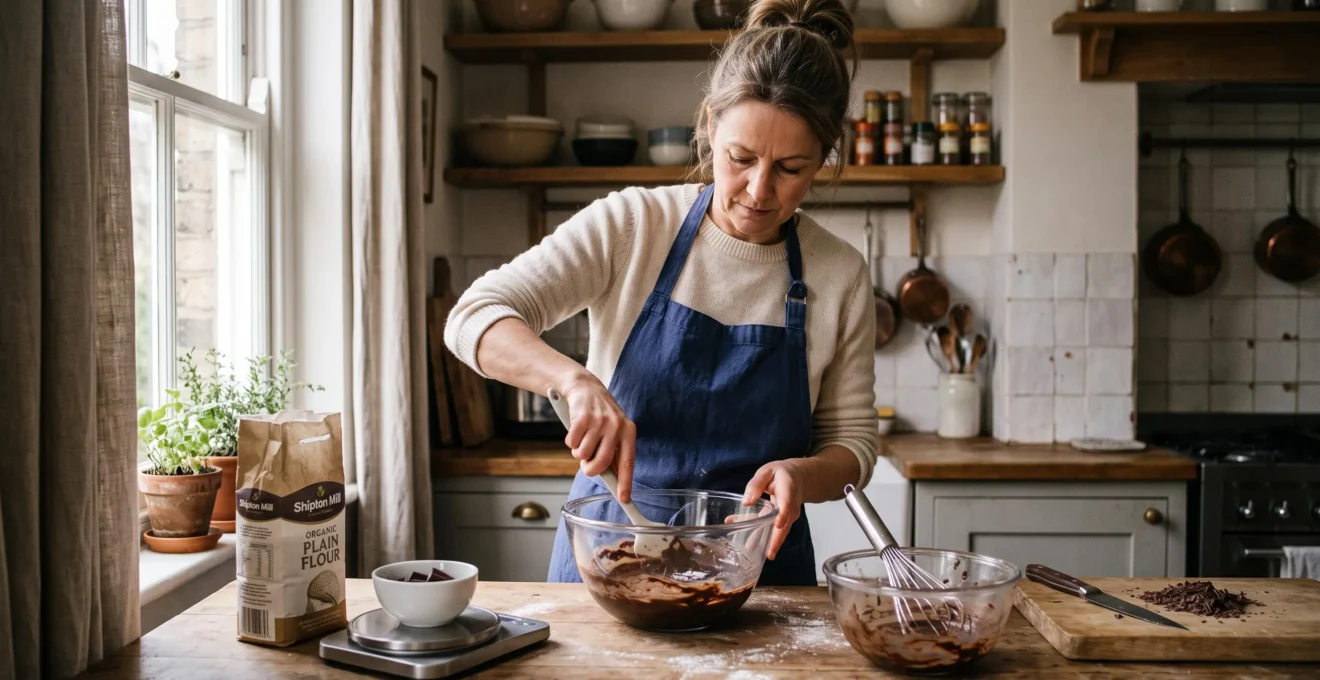 Une pâtissière incorporant du chocolat fondu dans des blancs montés à l'aide d'une maryse dans une cuisine domestique.