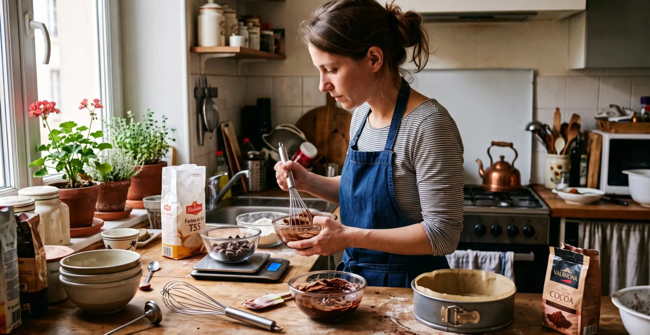 Une personne pèse du chocolat et de la farine sur une balance de cuisine posée sur un plan de travail, à côté d'un saladier de chocolat fondu et d'un moule à gâteau.