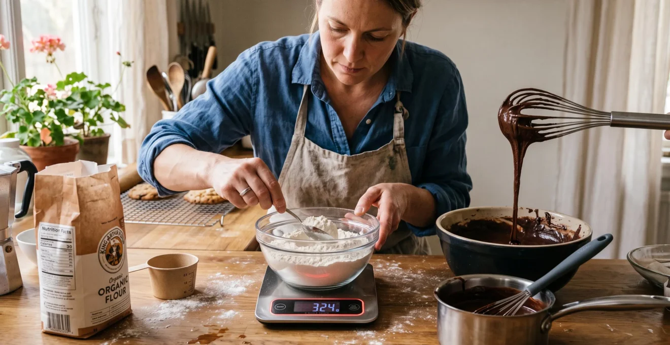 Des mains d'un pâtissier amateur pèsent de la farine sur une balance digitale posée sur un plan de travail, à côté d'une maryse et d'un bol de pâte au chocolat.