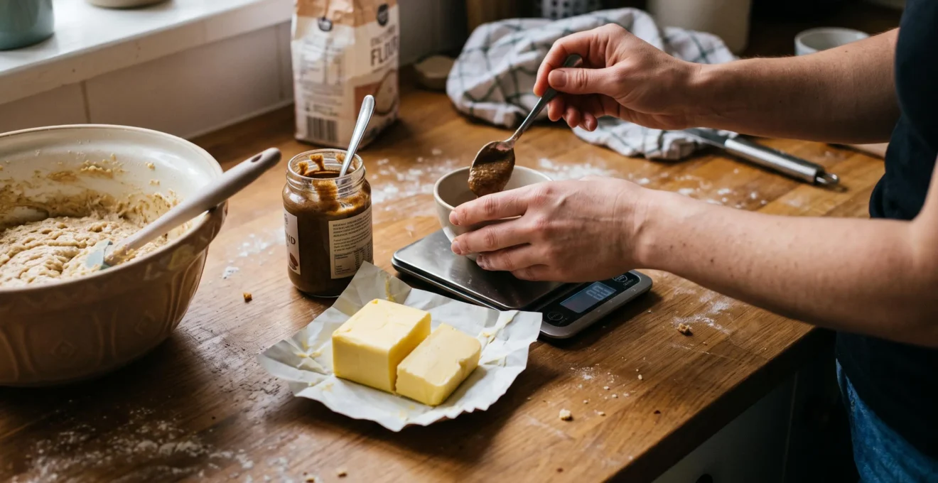 Des mains pèsent de la purée d'amandes sur une balance de cuisine posée à côté d'une moitié de beurre et d'un bol de pâte à gâteau.