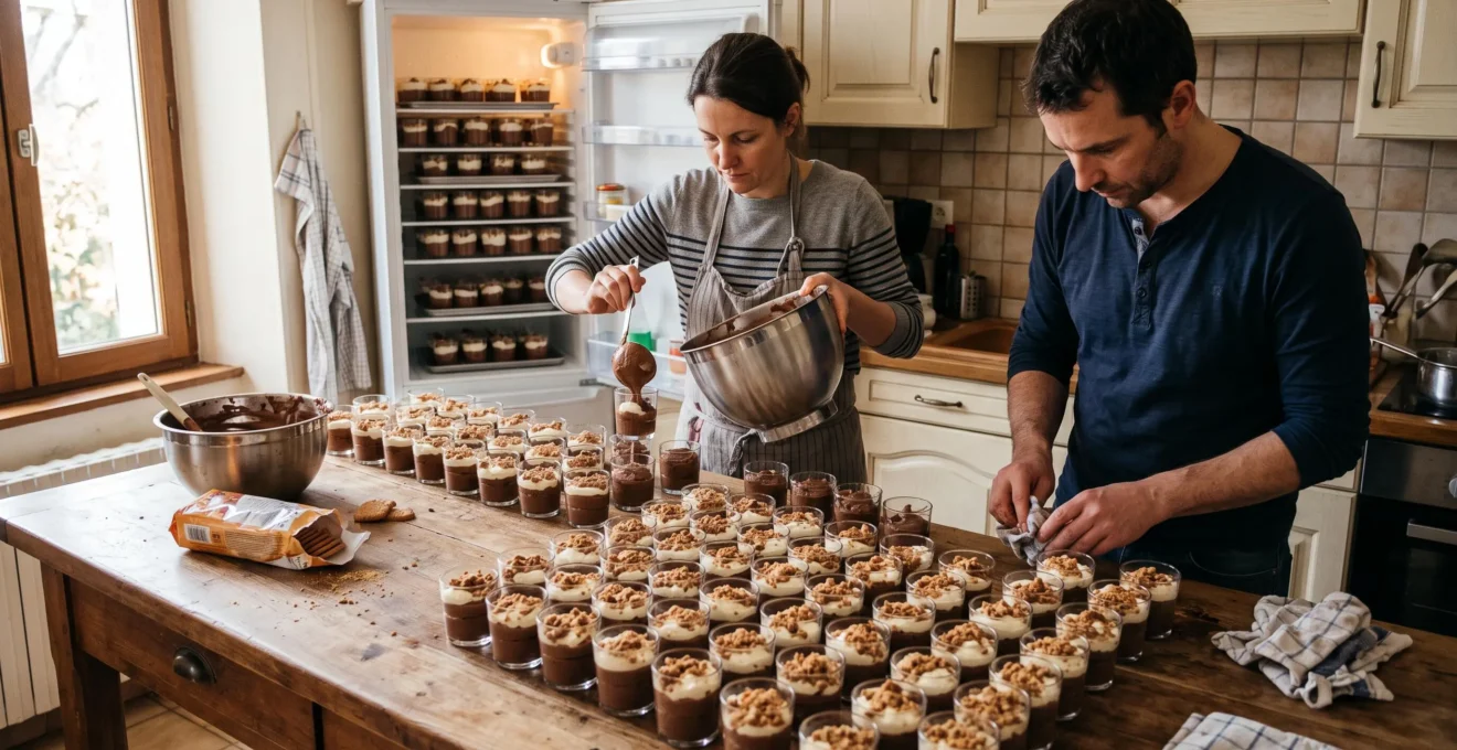 Deux personnes alignent des dizaines de verrines au chocolat sur un plan de travail de cuisine domestique, le réfrigérateur déjà rempli derrière elles.
