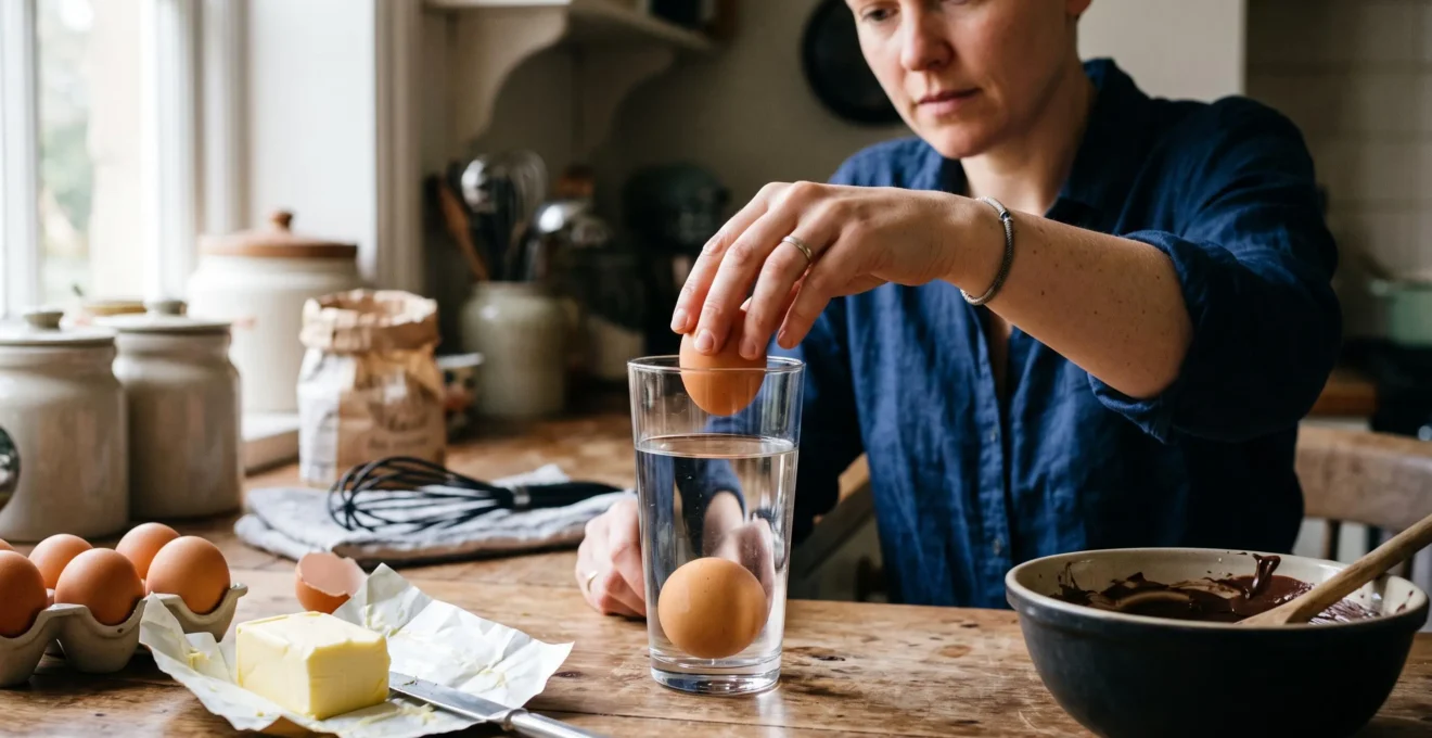 Une personne plonge un œuf dans un verre d'eau sur un plan de travail de cuisine pour vérifier sa fraîcheur avant de préparer un gâteau au chocolat.