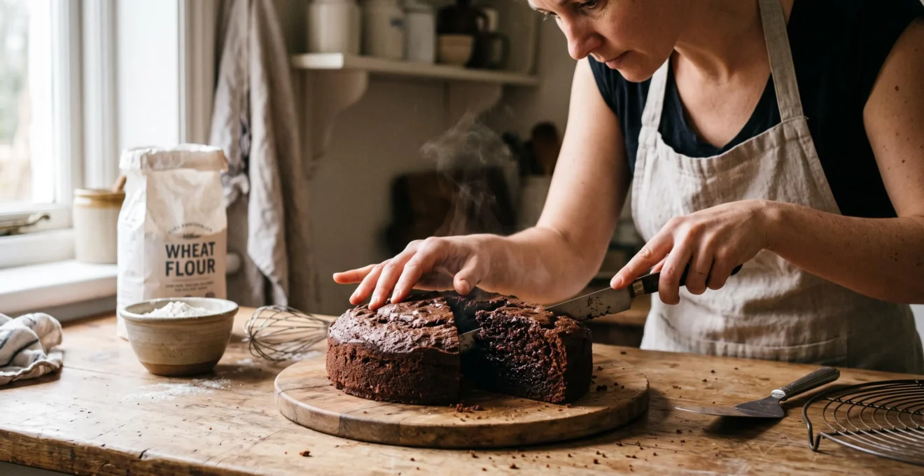 Un pâtissier amateur tranche un gâteau au chocolat moelleux sur un plan de travail en bois, révélant une mie tendre et humide.
