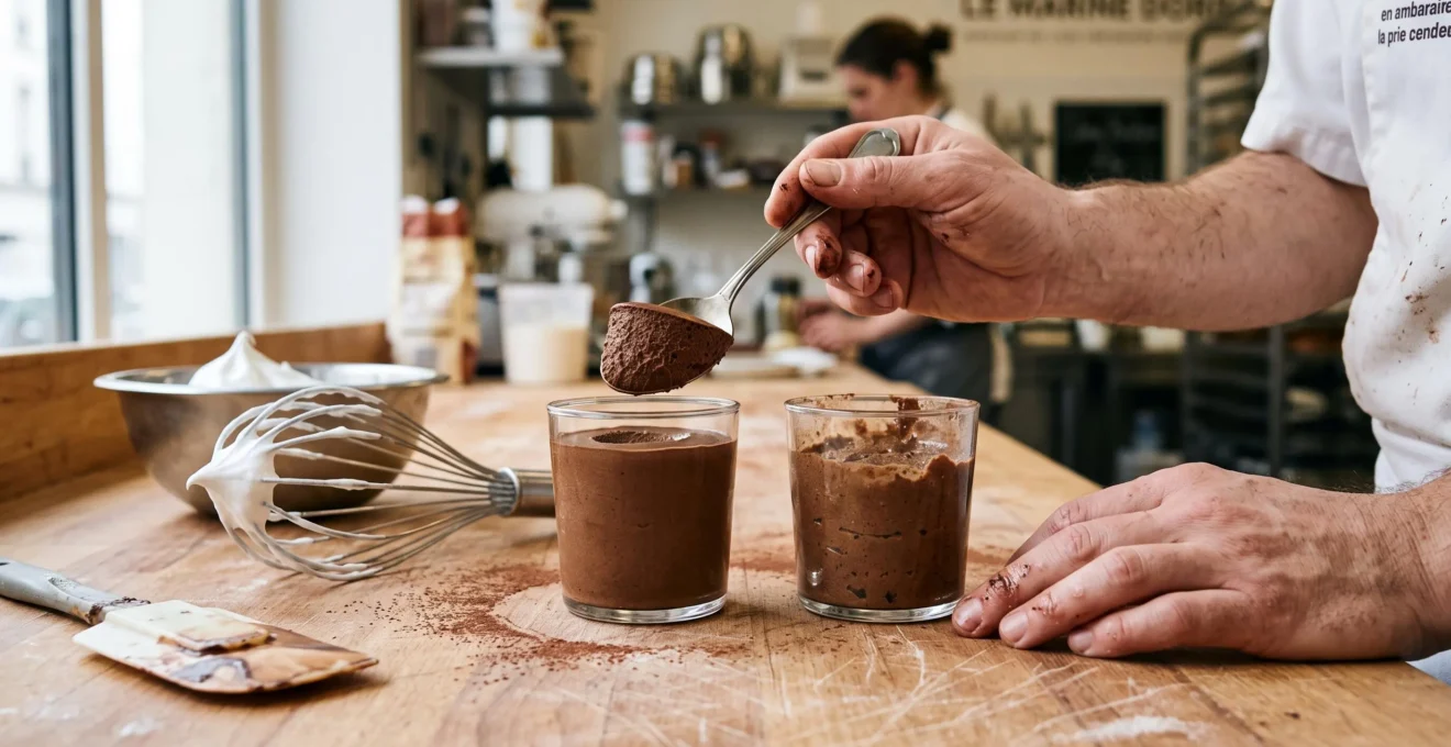 Une verrine de mousse au chocolat vegan ferme posée sur un plan de travail de pâtisserie, à côté d'une verrine affaissée, avec les mains d'un pâtissier qui prélève une portion nette à la cuillère.