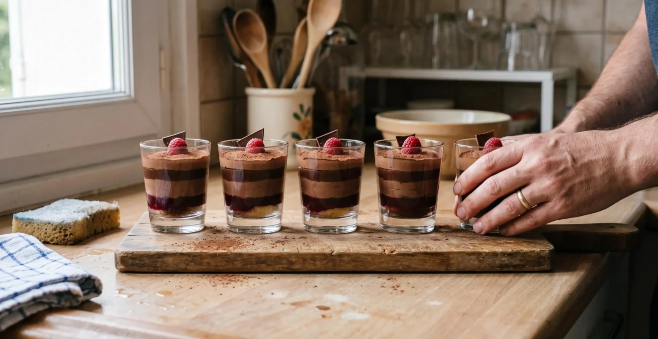 Une rangée de verrines au chocolat au dressage net sorties du réfrigérateur sur un plan de travail de cuisine